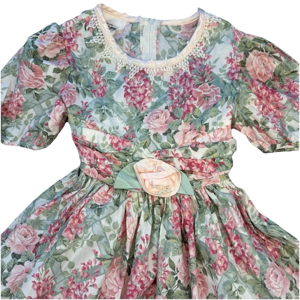 Bonnie Jean Girls Size 7 Floral Flowers Lace Multicolor Dress Puff Sleeves Bow